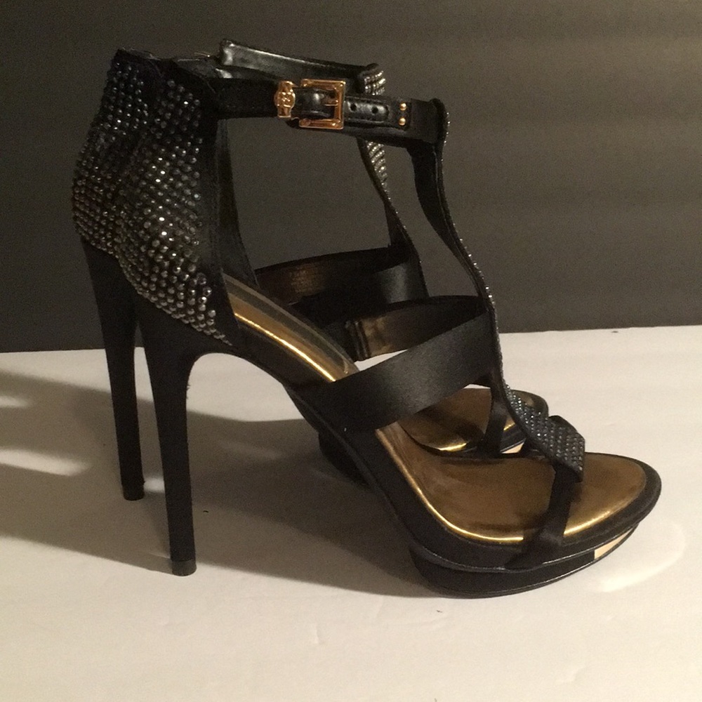 $250 BCBG MAX AZRIA Crystal Adorned High Heel Dress Stiletto Shoes Black Gold - Picture 5 of 6